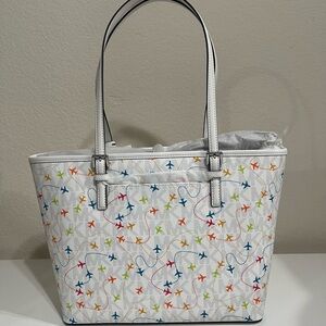 Michael Kors White Tote with Multicolor Airplane Design